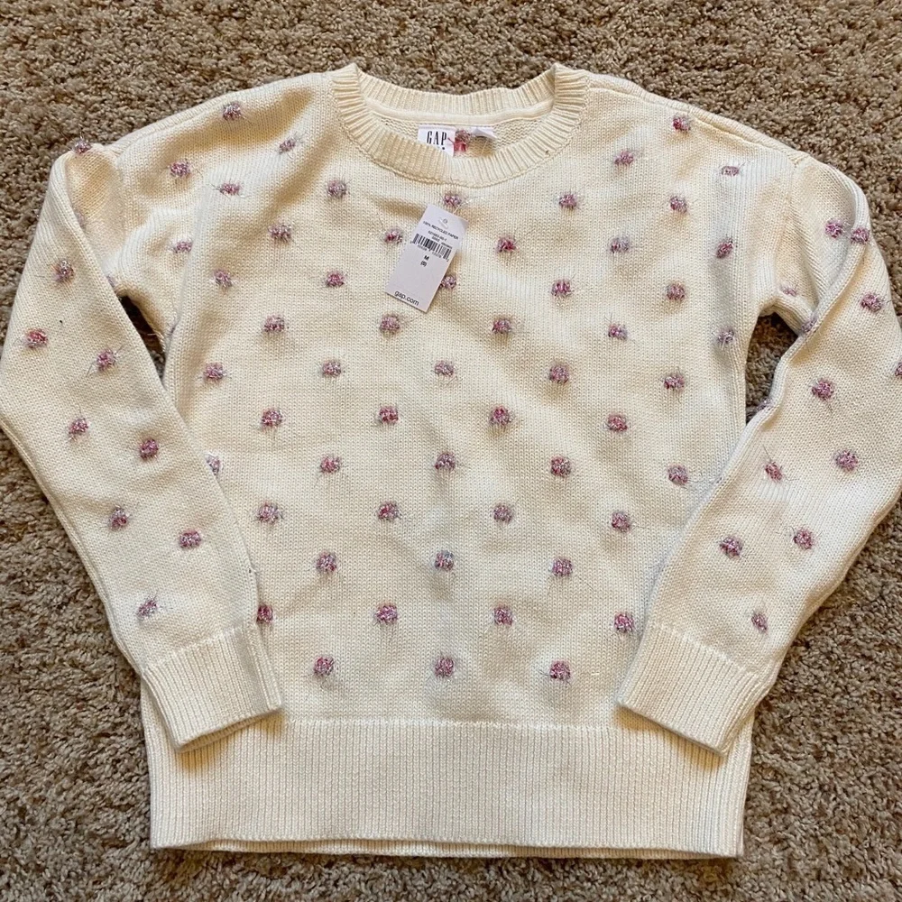 New gap kids sweater dots poms medium 8 cream pink tinsel nwt